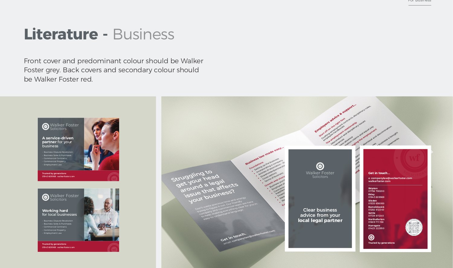 Literature, business. Front covers lead with Walker Foster grey.