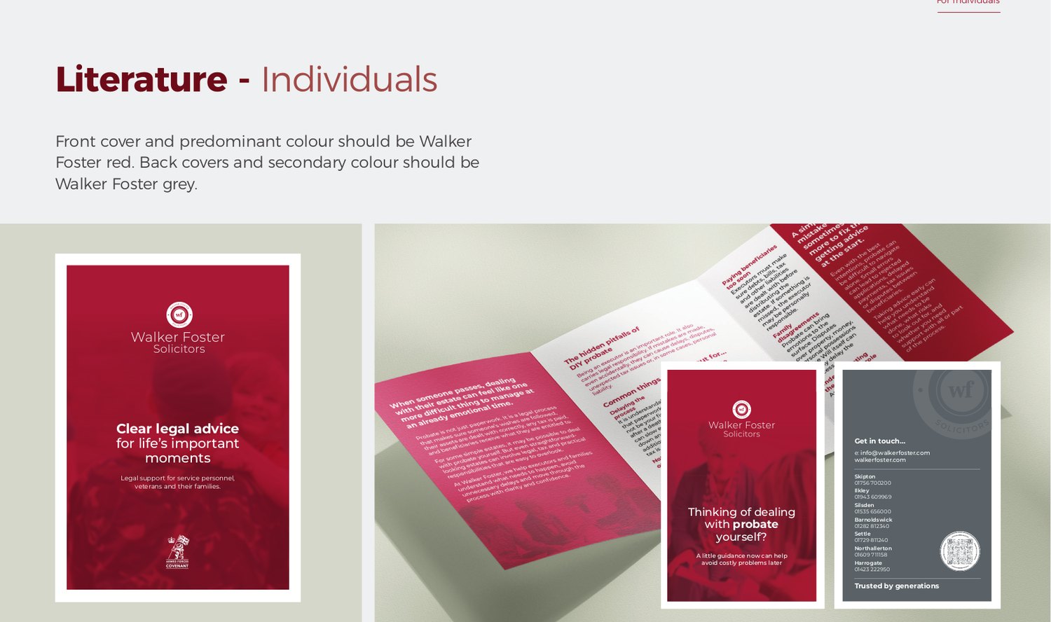 Literature, individuals. Front covers lead with Walker Foster red.