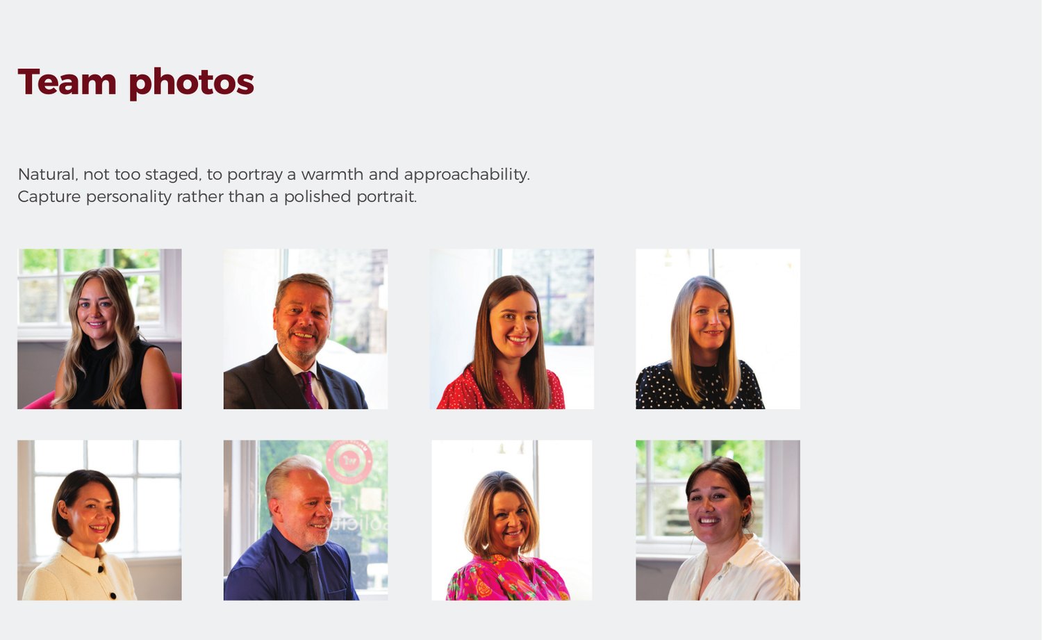 Team photography: warmth and personality over polish.